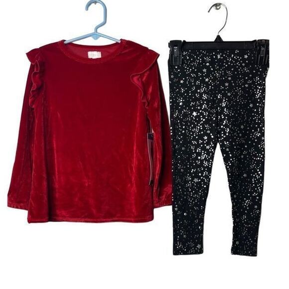 BCBGirl Red Velvet Top and Black Silver Legging Matching set Size 4T New - Picture 11 of 12